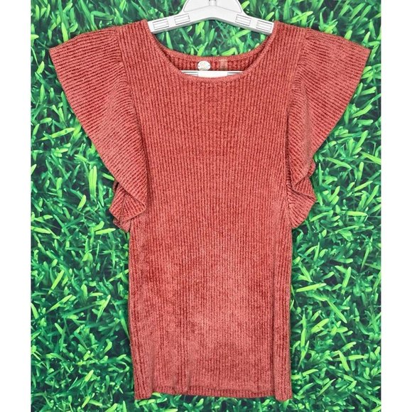 Free People FP One Nikita Ruffle Sleeve Top Rose Pink Soft Ribbed Blouse Shirt - Picture 2 of 4